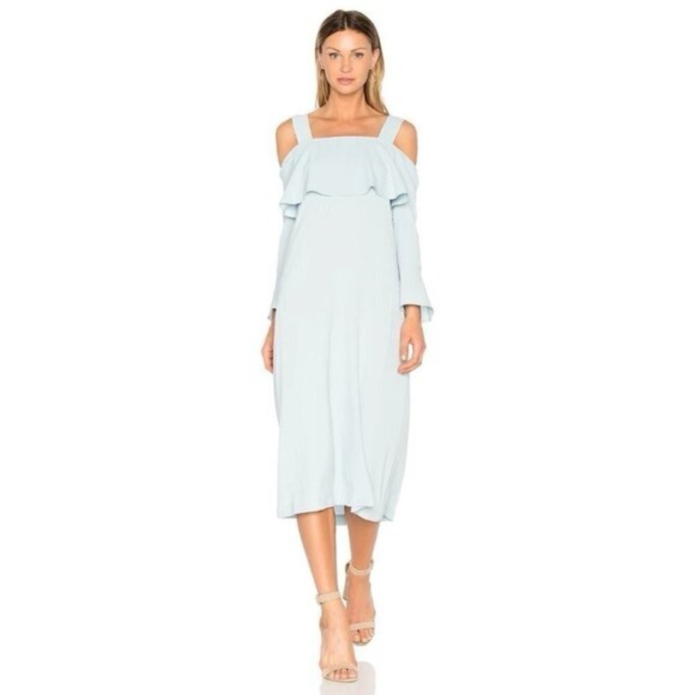 GANNI Revolve Size 4 Light Blue Cold Shoulder Bow Midi Dress Baby Shower Bridal